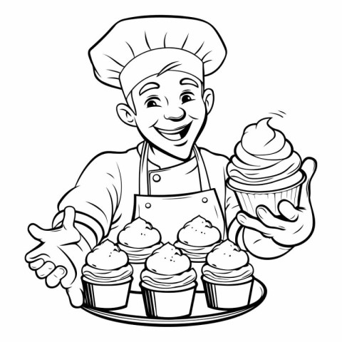 Black and White Cartoon Illustration of Male Chef Holding Cupcak