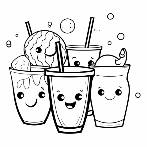 Summer and vacation cute cartoons in black and white vector illu