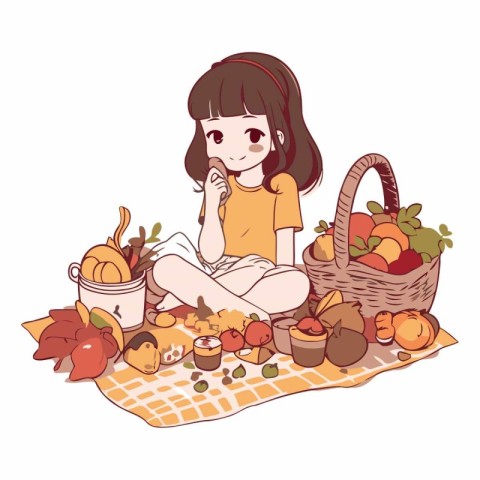 Cute little girl sitting on a picnic blanket with basket of frui