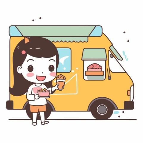 Illustration of a girl eating ice cream in front of a truck