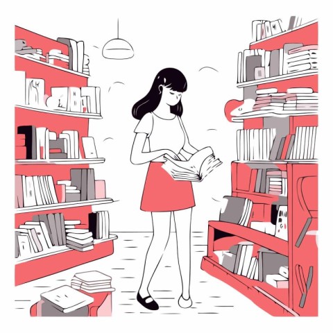 Vector illustration of a girl choosing books in a bookstore or l