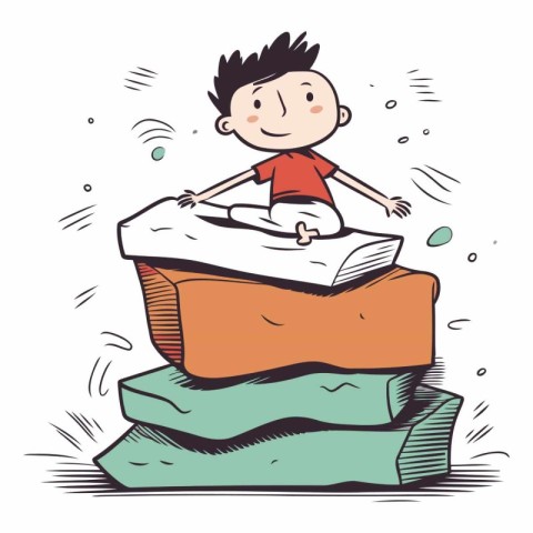 Illustration of a little boy sitting on a pile of books.