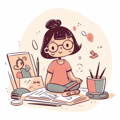 Cute girl doing homework at home in cartoon style.