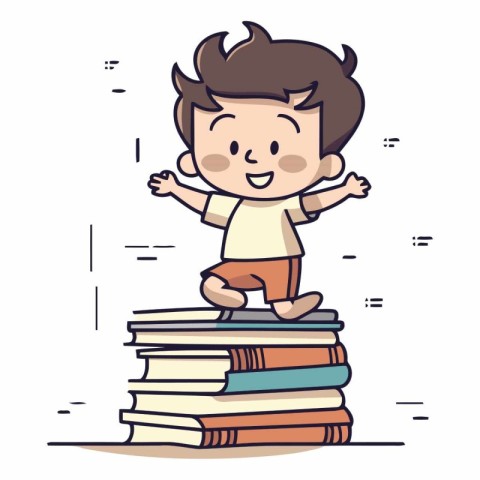 Cute little boy standing on pile of books.