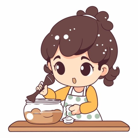 Illustration of a Cute Little Girl Mixing Ingredients in a Bowl