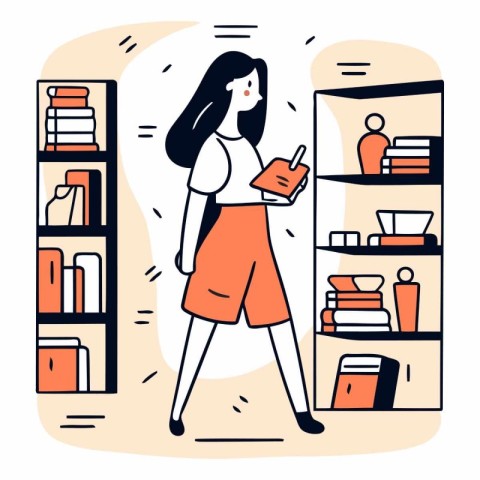 Vector illustration of woman standing in front of bookshelf with