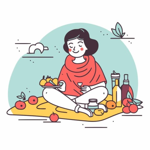 Vector illustration of a young woman sitting on the beach and ea