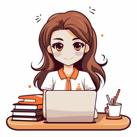 Cute schoolgirl with laptop and books. Vector cartoon illustrati