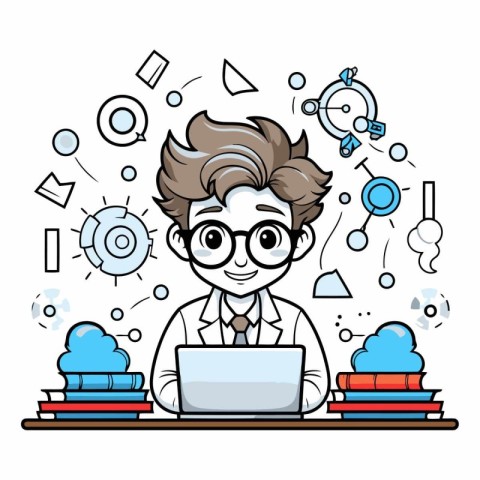 Vector illustration of a teacher in glasses sitting at the desk