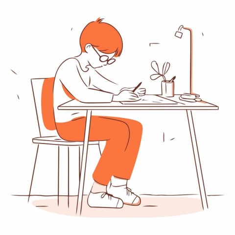 Vector illustration of a boy sitting at the table and writing in