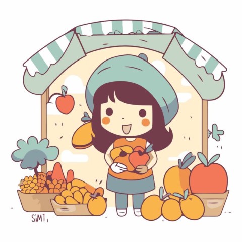 Vector illustration of a cute girl holding a basket full of frui