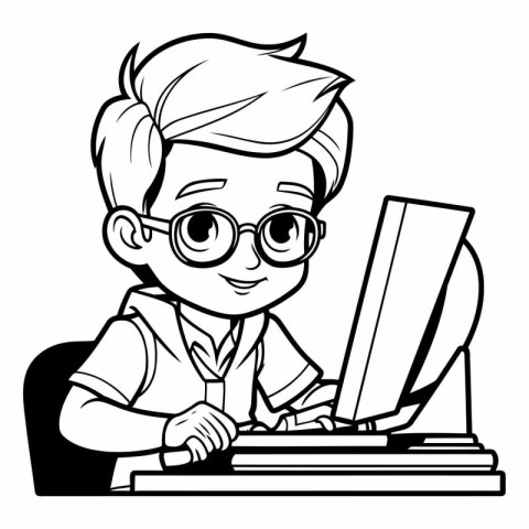 Black and White Cartoon Illustration of Cute Teenage Boy Using a