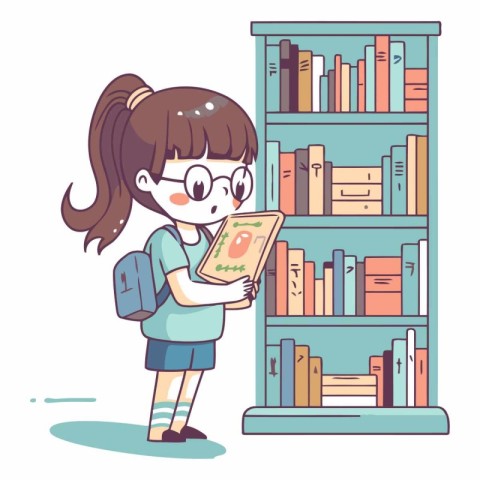 Girl reading a book in library. Cute cartoon vector illustration