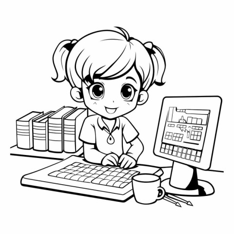 Cute little girl with computer and books for coloring book.