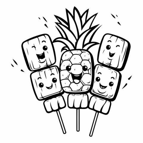 Black And White Cartoon Illustration of Cute Pineapple Fruit Cha