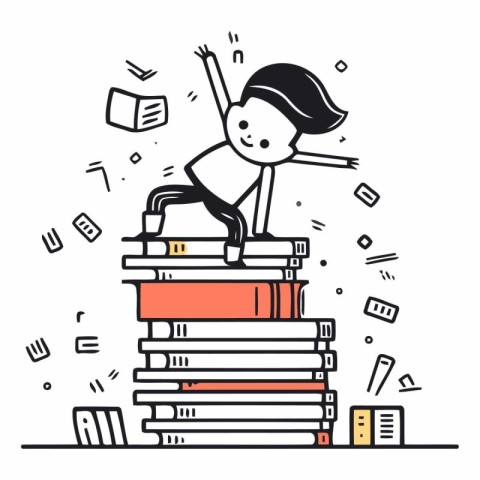 Schoolboy sitting on a stack of books. Vector line art illustrat