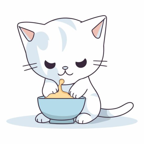 Cute cat eating from a bowl in cartoon style.