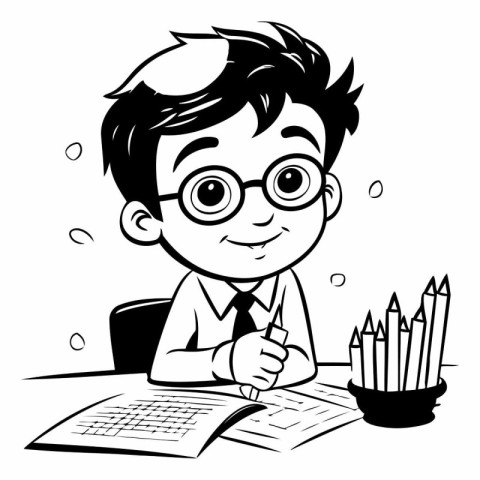 Black and White Cartoon Illustration of a Kid Boy Studying at Sc