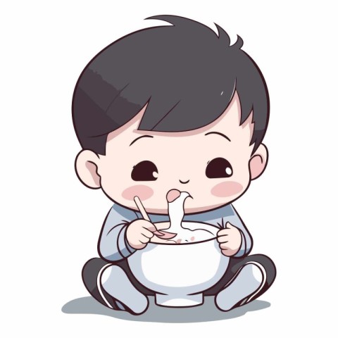 Cute baby boy eating soup in a bowl.