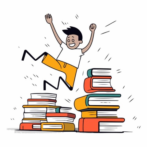 Happy boy jumping from pile of books in cartoon style.