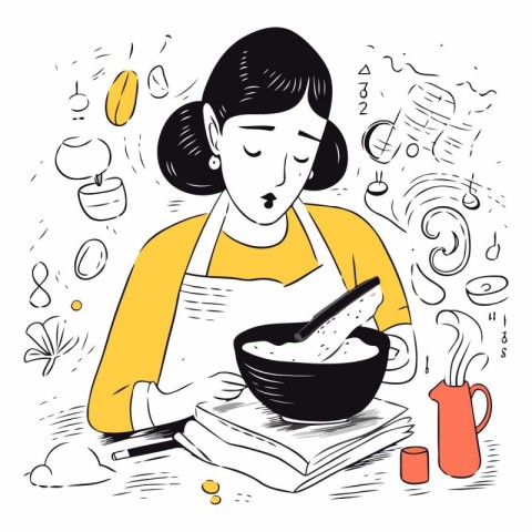 Illustration of a woman cooking in sketch style.