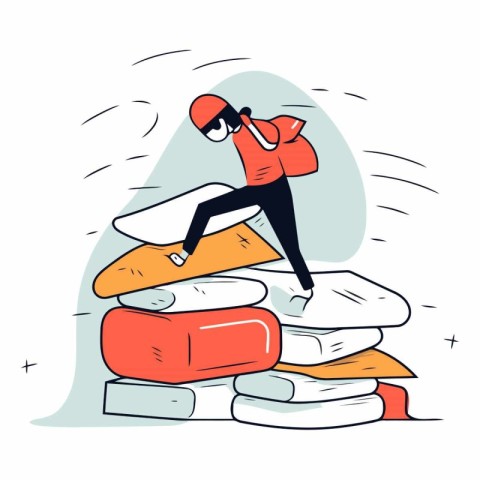 Cartoon illustration of a man lying on pile of books.