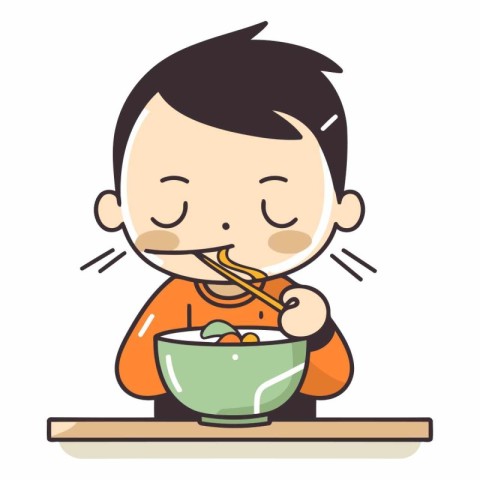 Boy eating noodle in a bowl with chopsticks vector illustration.