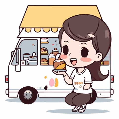 Girl eating ice cream in the street food truck.