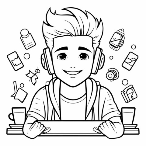 Black and White Cartoon Illustration of Teenage Boy Student with