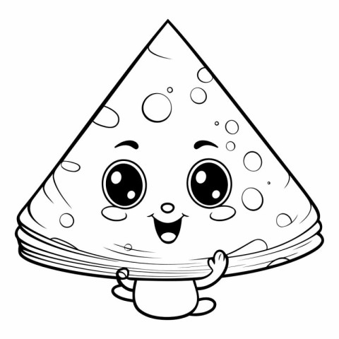 Black and White Cartoon Illustration of Cute Pizza Character for