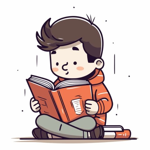 Cute boy reading a book in cartoon style.