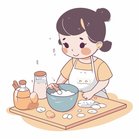 Cute little girl baking cookies in the kitchen.