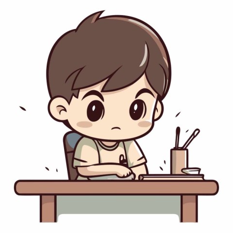 Boy writing in the table with pencils and coffee cup vector illu