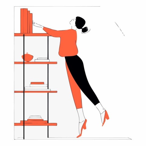 Vector illustration of a woman standing near the bookshelf in th