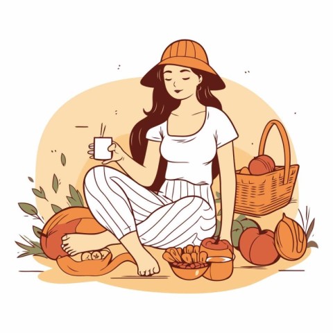 Vector illustration of a young woman sitting on the grass with a