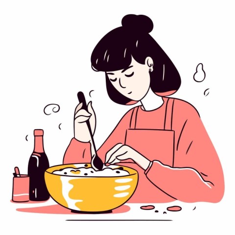 Woman in apron eating cornflakes in cartoon style.