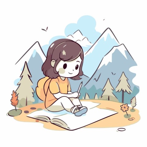 Illustration of a Cute Girl Studying in the Forest with Mountain