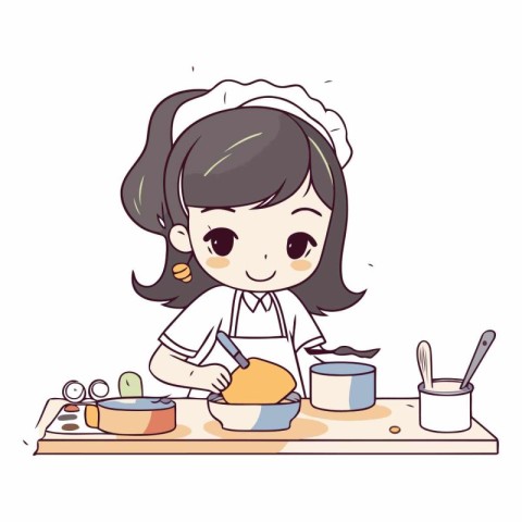 Illustration of a Cute Girl Cooking in the kitchen. Vector