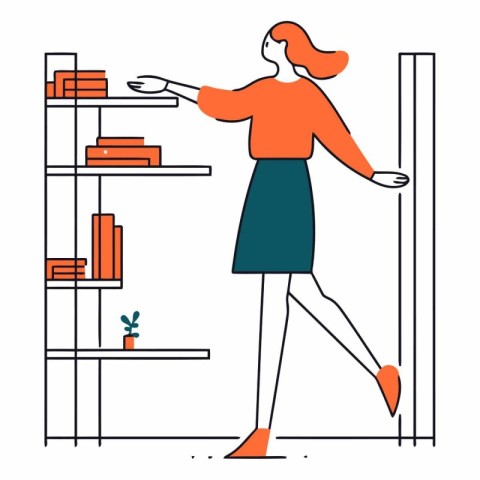 Vector illustration of a woman standing at the bookshelf in the