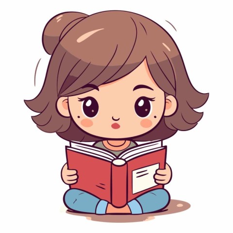 Cute little girl reading a book in cartoon style.