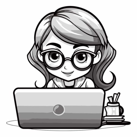 Illustration of a Girl Using a Laptop on a White Background