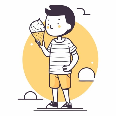 Illustration of a boy eating ice cream in the summer time.