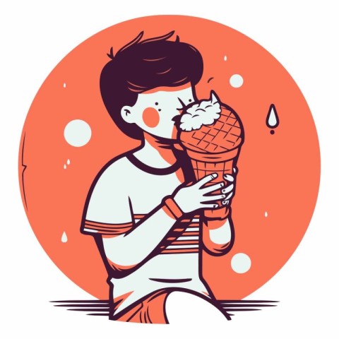 Young man eating ice cream in cartoon comic style.