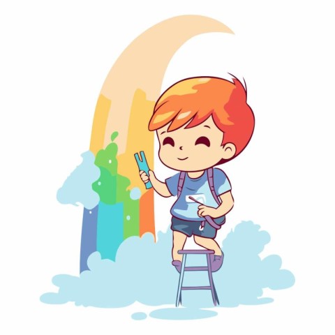 Vector illustration of a boy sitting on a ladder and holding a b