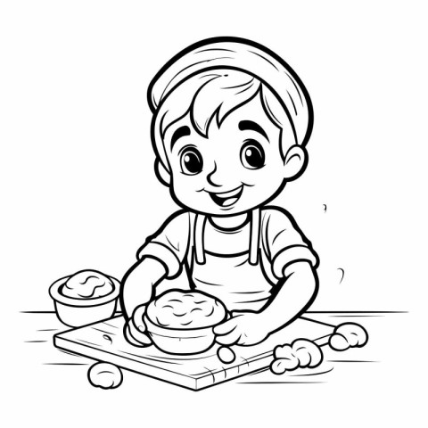 Black and White Cartoon Illustration of Little Boy Baking Cookie