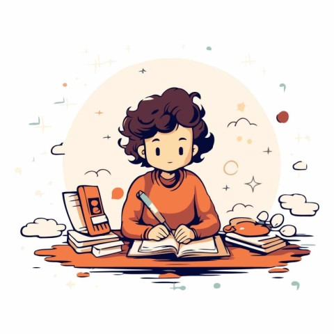 Vector illustration of a boy doing his homework. Hand drawn cart