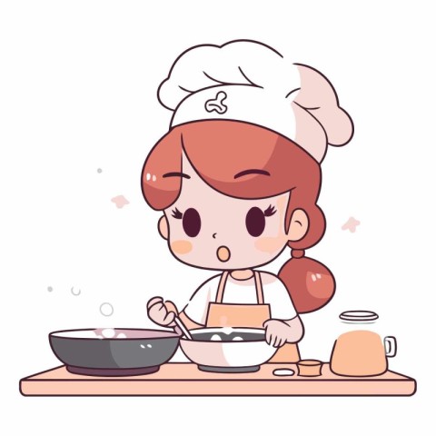 Illustration of a cute little chef girl cooking in the kitchen.