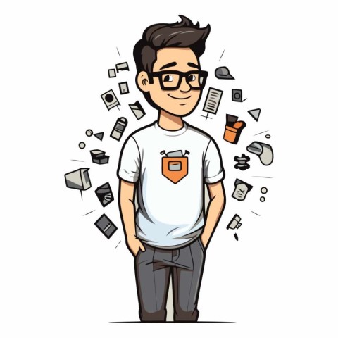 Vector illustration of a man in glasses and a T-shirt.