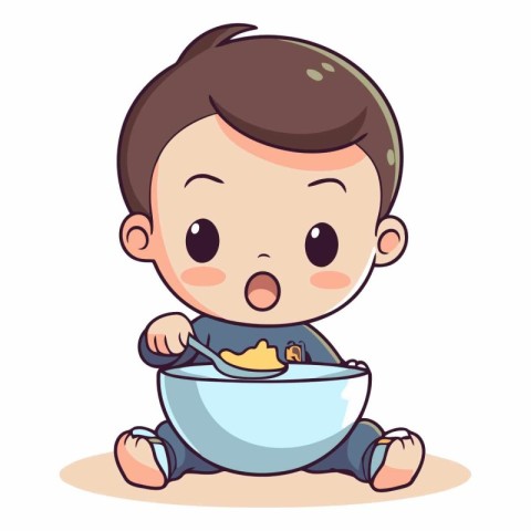 Cute little boy sitting and eating food in bowl.