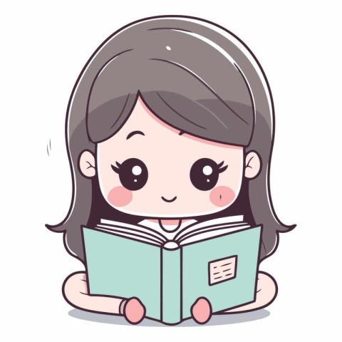 Cute little girl reading a book in cartoon style.